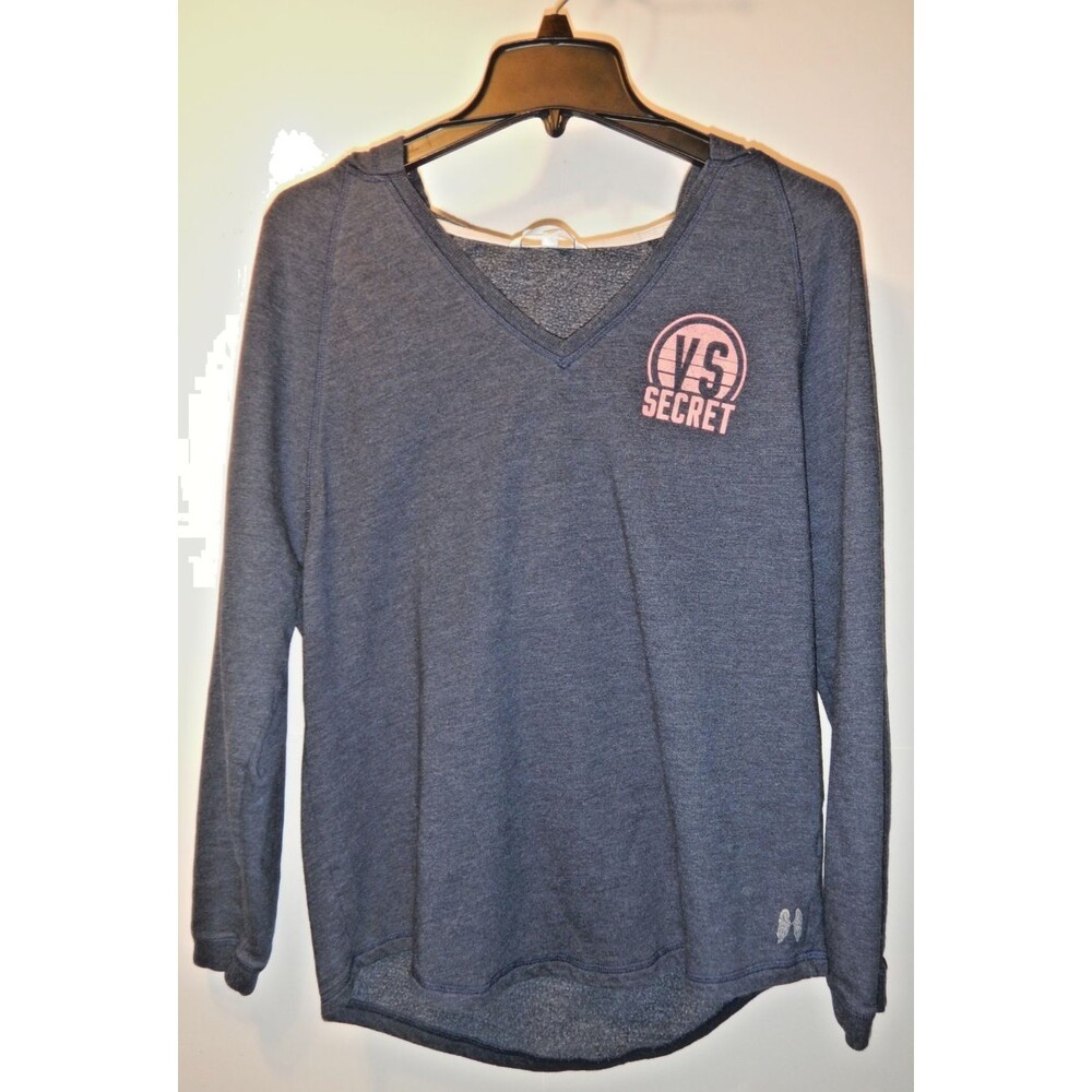 Victorias Secret Womens M Navy V-Neck Sweatshirt VS Logo Angel Wings Pullover